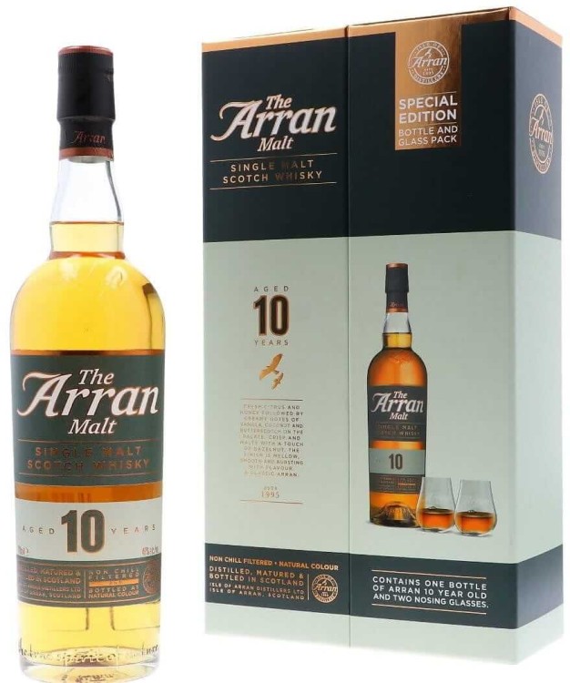 Whisky Arran 10 YO o pojemności 0,7 litra + 2 szklanki