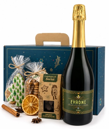 Świąteczny Zestaw Upominkowy z winem  BEZALKOHOLOWYM Evadne Sparkling 750 ml