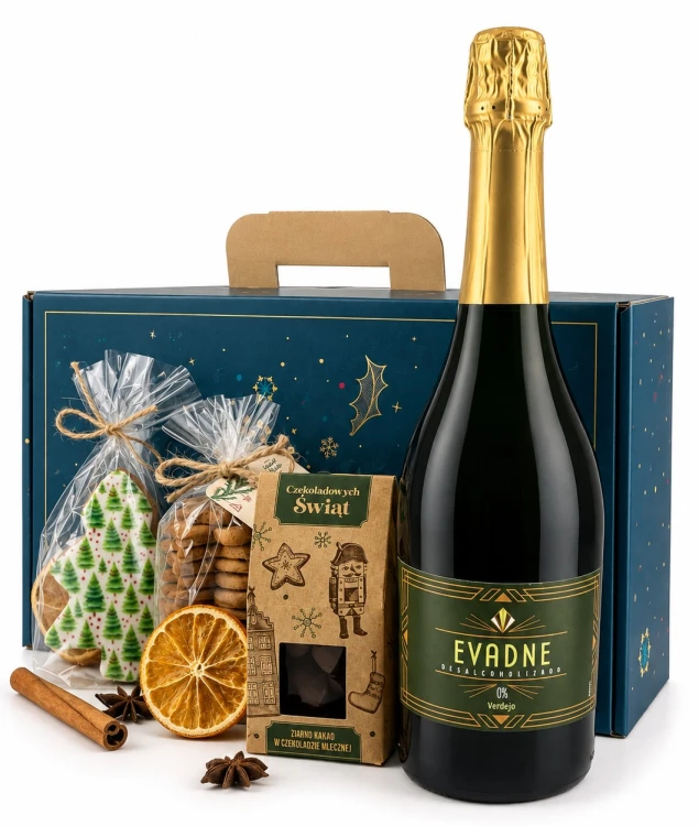 Świąteczny Zestaw Upominkowy z winem  BEZALKOHOLOWYM Evadne Sparkling 750 ml