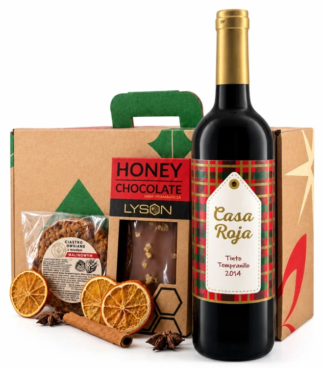 Świąteczny Zestaw Upominkowy z czerwonym winem Casa Roja Tartan, 750 ml