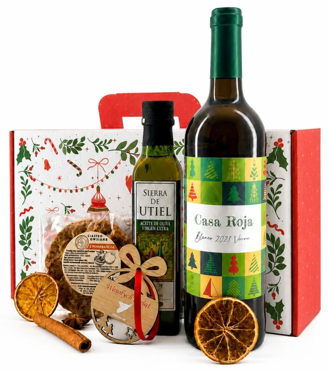 Świąteczny Zestaw Upominkowy z białym winem Casa Roja Viura, 750 ml